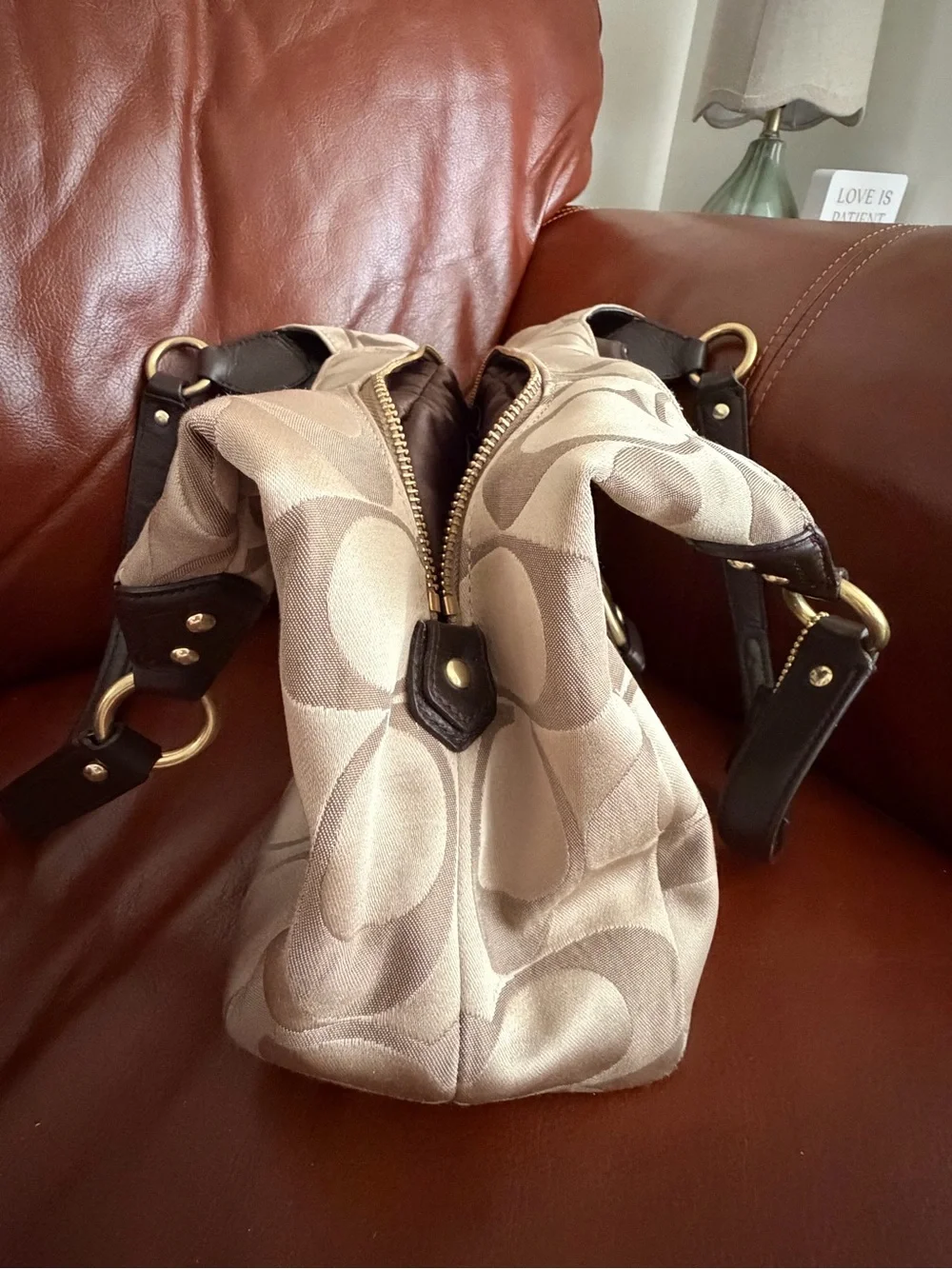 Coach Signature Jacquard Shoulder Bag with Brown Leather Trim